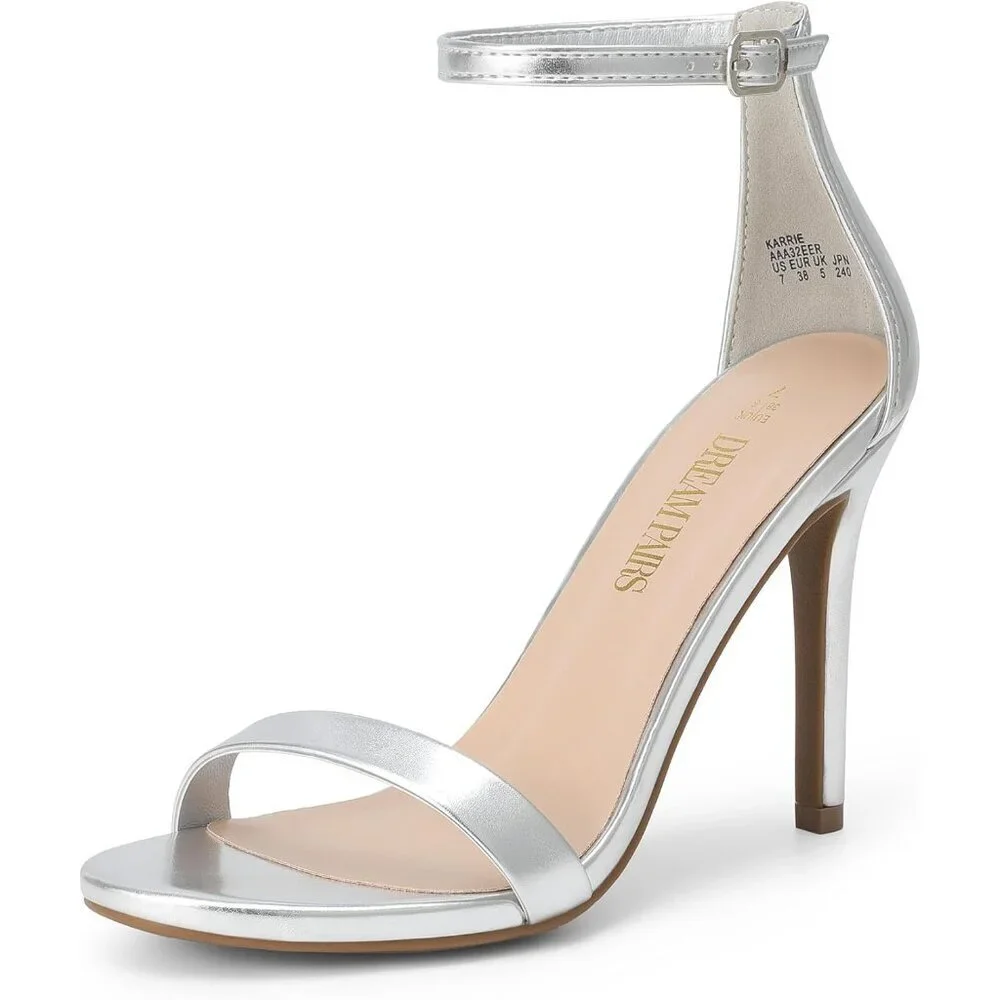 Women's Sliver-Metallic Flower Ankle Strap Stiletto Round Open Toe Stylish Heel